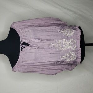 Gemstone Womens Boat Neck Embroidered Flutter Sleeve Blouse Top Size M Bohemian